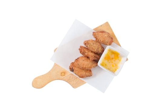 Deep fried chicken wings with various types of cheese for dipping isolated on white background with clipping path