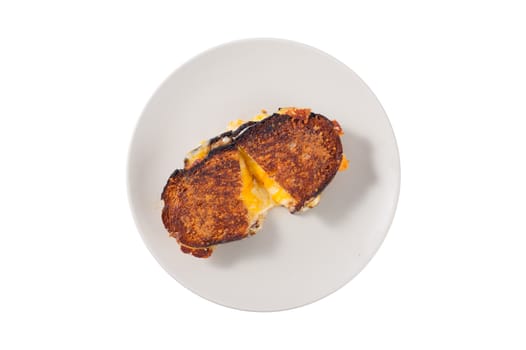 Toasted sandwich with various types of  cheese in ceramic dish isolated on white background with clipping path