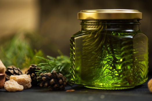 Fir tree bump jam on wooden background