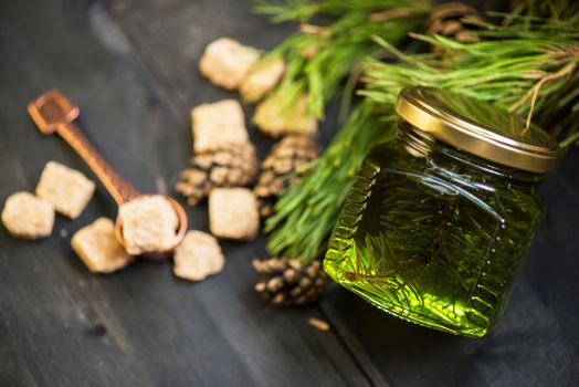 Fir tree bump jam on wooden background