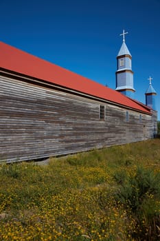 Historic wooden church, Iglesia de Tenaun, built in the 17th century by Jesuit missionaries on the island of Chiloe in Chile.