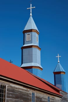 Historic wooden church, Iglesia de Tenaun, built in the 17th century by Jesuit missionaries on the island of Chiloe in Chile.