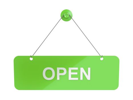 Green hanging door plate with Open sign, isolated on white