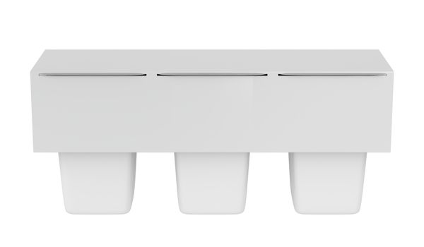 Packs of three blank plastic containers for yogurt, ice cream, pudding or other products, isolated on white