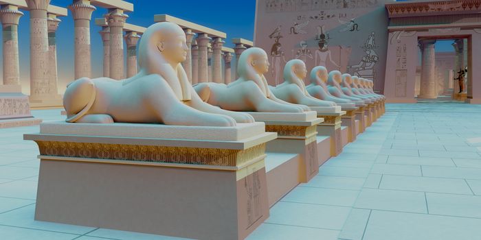 A row of sphinx stone sculptures stand in formation at the entrance to Pharaoh's Egyptian temple.