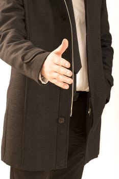 Cropped image of businessman extending hand to shake white background