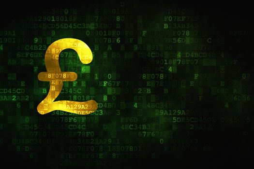 Money concept: pixelated Pound icon on digital background, empty copyspace for card, text, advertising