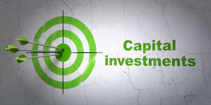 Success money concept: arrows hitting the center of target, Green Capital Investments on wall background