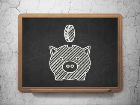 Banking concept: Money Box With Coin icon on Black chalkboard on grunge wall background