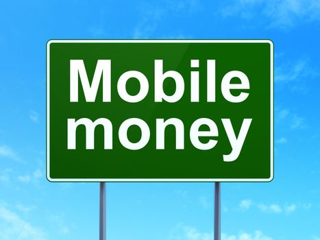 Currency concept: Mobile Money on green road highway sign, clear blue sky background, 3d render