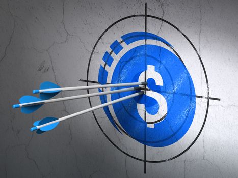 Success currency concept: arrows hitting the center of Blue Dollar Coin target on wall background