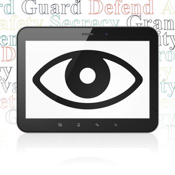 Protection concept: Tablet Computer with  black Eye icon on display,  Tag Cloud background