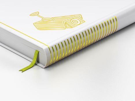 Privacy concept: closed book with Gold Cctv Camera icon on floor, white background, 3d render