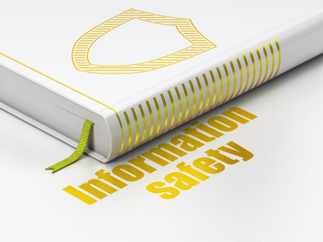 Protection concept: closed book with Gold Contoured Shield icon and text Information Safety on floor, white background, 3d render