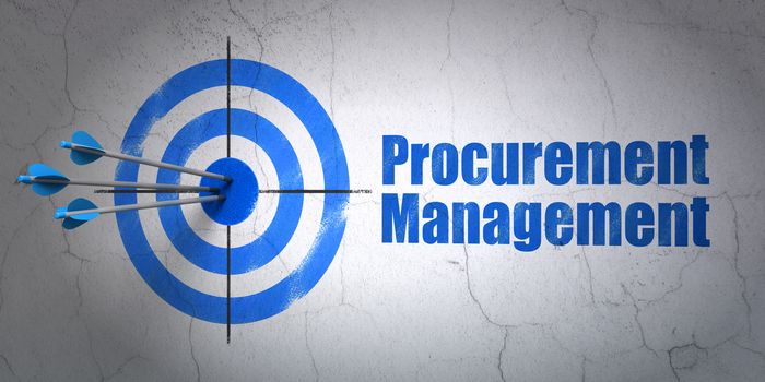 Success finance concept: arrows hitting the center of target, Blue Procurement Management on wall background, 3D rendering