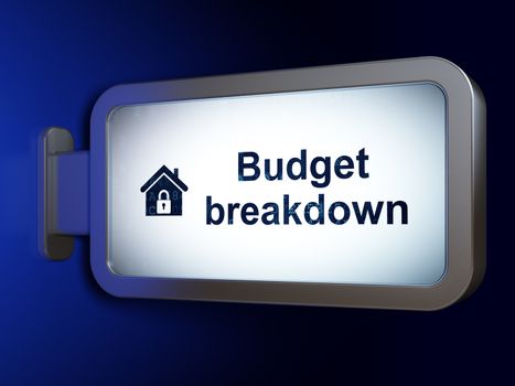 Finance concept: Budget Breakdown and Home on advertising billboard background, 3d render