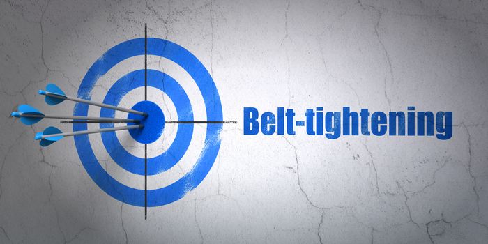 Success finance concept: arrows hitting the center of target, Blue Belt-tightening on wall background, 3D rendering