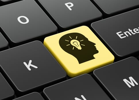 Business concept: computer keyboard with Head With Light Bulb icon on enter button background, 3D rendering