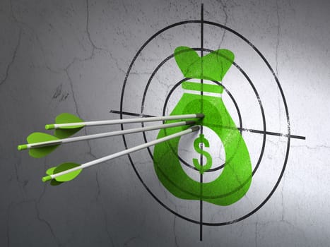 Success business concept: arrows hitting the center of Green Money Bag target on wall background, 3D rendering