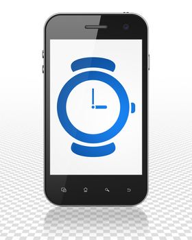 Timeline concept: Smartphone with blue Hand Watch icon on display, 3D rendering
