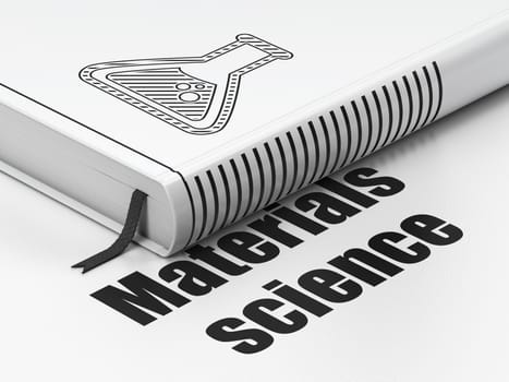 Science concept: closed book with Black Flask icon and text Materials Science on floor, white background, 3d rendering