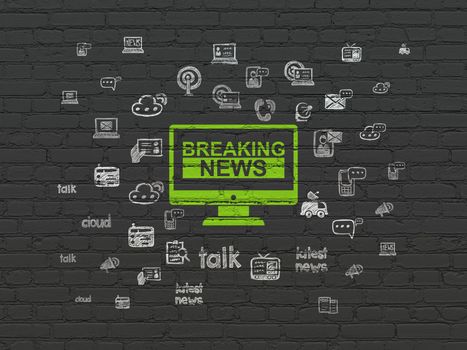 News concept: Painted green Breaking News On Screen icon on Black Brick wall background with  Hand Drawn News Icons
