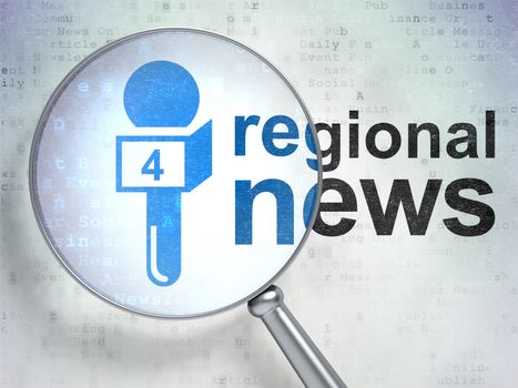 News concept: magnifying optical glass with Microphone icon and Regional News word on digital background, 3d rendering