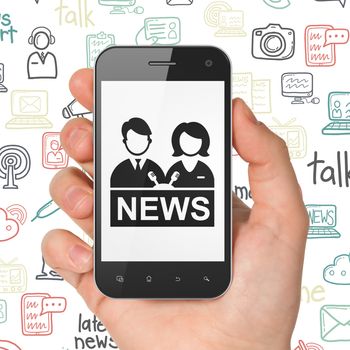 News concept: Hand Holding Smartphone with  black Anchorman icon on display,  Hand Drawn News Icons background, 3d rendering