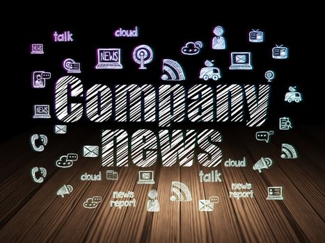 News concept: Glowing text Company News,  Hand Drawn News Icons in grunge dark room with Wooden Floor, black background