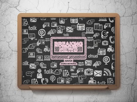 News concept: Chalk Pink Breaking News On Screen icon on School Board background with  Hand Drawn News Icons, 3d rendering