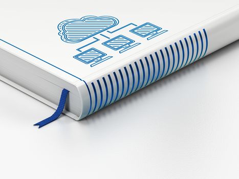 Cloud networking concept: closed book with Blue Cloud Network icon on floor, white background, 3d rendering