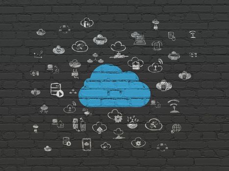 Cloud computing concept: Painted blue Cloud icon on Black Brick wall background with  Hand Drawn Cloud Technology Icons