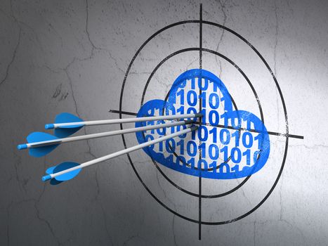 Success cloud networking concept: arrows hitting the center of Blue Cloud With Code target on wall background 3d rendering