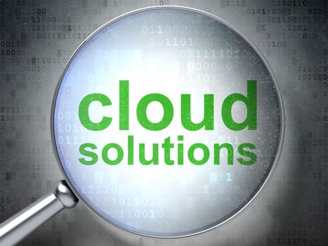 Cloud networking concept: magnifying optical glass with words Cloud Solutions on digital background 3d rendering