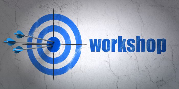 Success Learning concept: arrows hitting the center of target, Blue Workshop on wall background 3D rendering