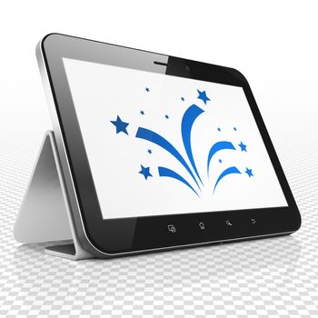 Holiday concept: Tablet Computer with blue Fireworks icon on display