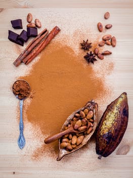 Brown chocolate powder in spoon , Roasted cocoa beans in the dry cocoa pod fruit and dark chocolate setup on wooden background.