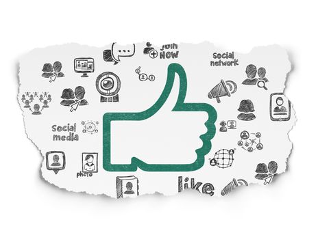 Social network concept: Painted green Thumb Up icon on Torn Paper background with  Hand Drawn Social Network Icons