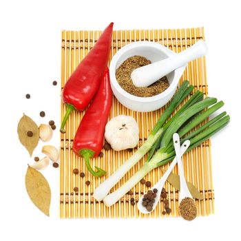Vegetables and spices isolated on white background