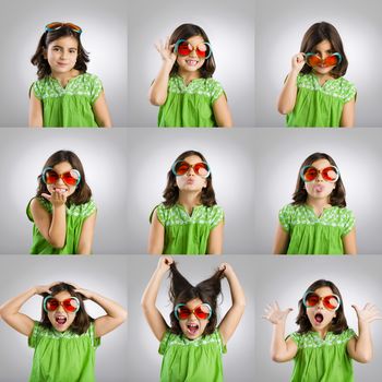 Multiple portraits of the same little girl making diferent and funny faces