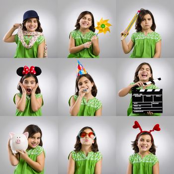 Multiple portraits of the same little girl playing with objects