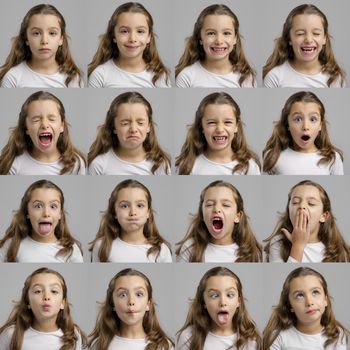 Multiple portraits of the same little girl making diferent expressions