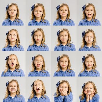 Multiple portraits of the same little girl making diferent expressions