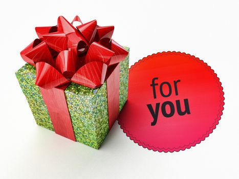 hdri cg render illustration on white background. green shiny gift presentation box covered red bow tie knot ribbon stands on red label empty space placing text high angle view