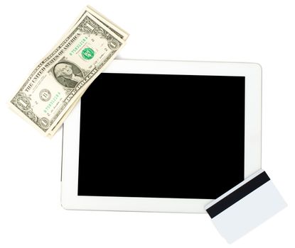 Tablet with cash and credits isolated on white background