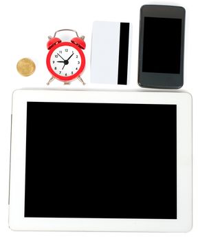 Tablet with smartphone and credits isolated on white background