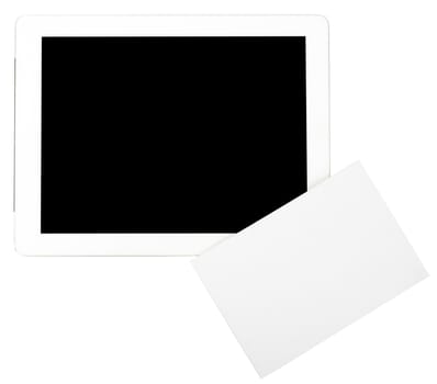 Tablet with blank card isolated on white background