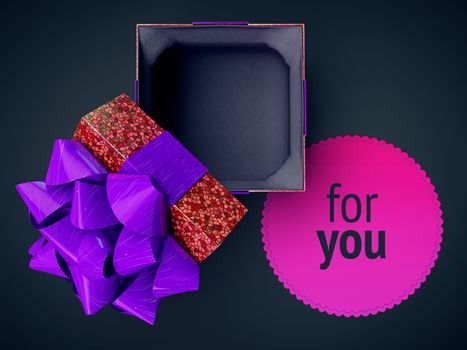 cg render illustration empty gift box top view. present cover decorated red bow and shiny texture mosaic. Located next to circular shape badge purple gradient and space text placement isolated on dark