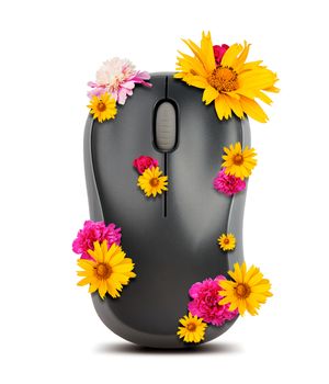 Computer mouse with flowers isolated on white background