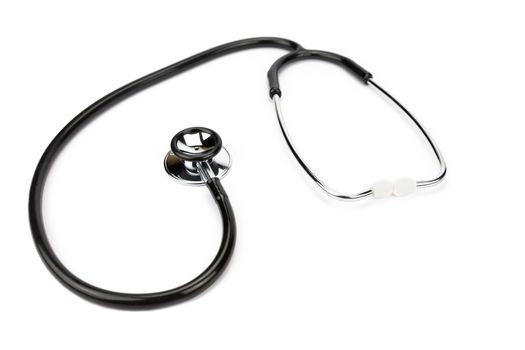 Black professional stethoscope lying isolated on white background